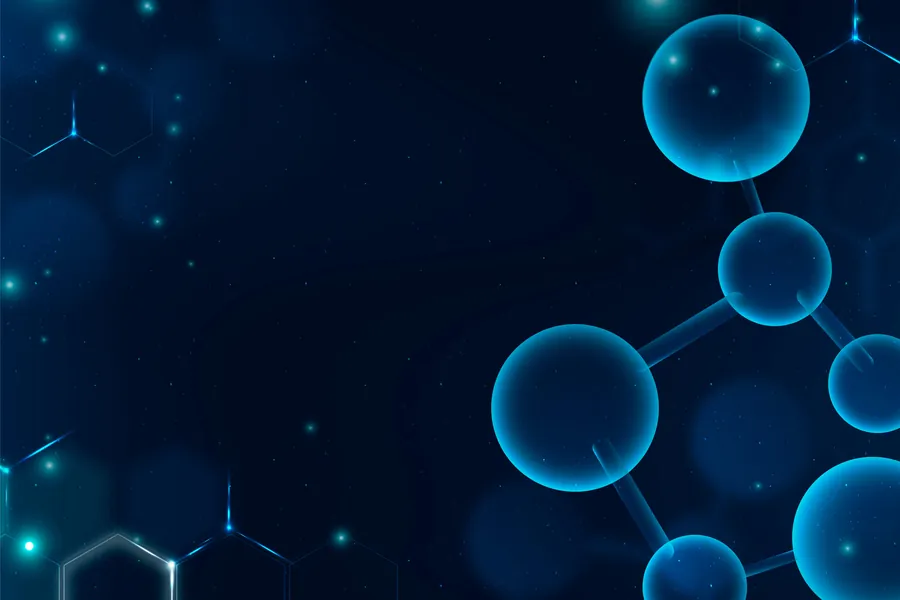 Grafismo de estrutura molecular em azul.