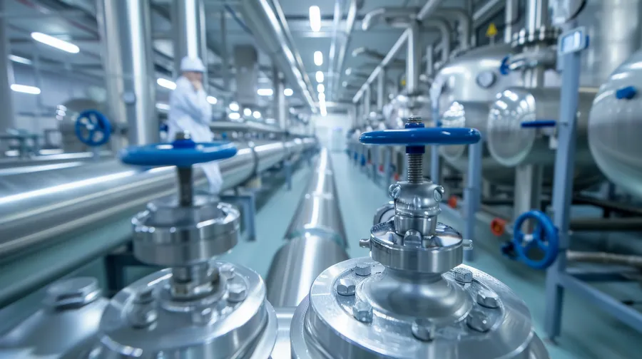 Tubulações e válvulas de aço inoxidável em planta química.